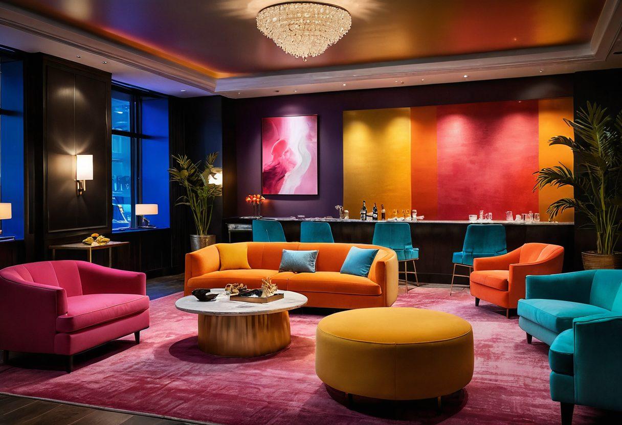 An elegant, vibrant scene of a serene adult lounge with plush, colorful seating and soft ambient lighting. Include joyful people engaging in intimate conversations and laughter, capturing a sense of connection and exploration in a tasteful manner. Incorporate artfully arranged cocktails and sumptuous desserts on a sleek table, enhancing the feeling of luxury and indulgence. Emphasize a palette of warm, inviting colors that evoke a sense of joy and comfort. super-realistic. vibrant colors. soft focus.