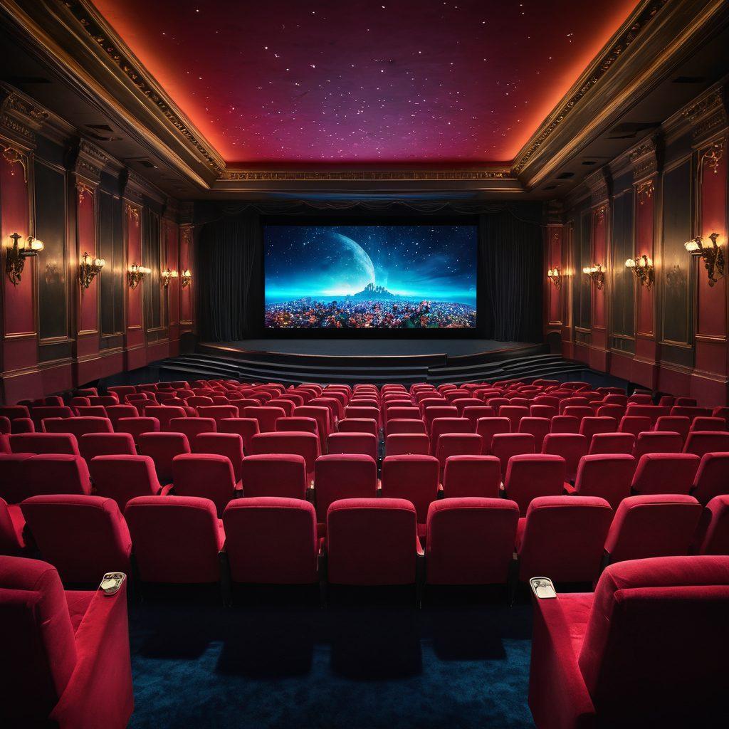 An enchanting movie theater setting, showcasing a giant screen displaying a fantastical cinematic scene filled with vivid colors and stunning visual effects. Include plush velvet seats and a subtle glow of popcorn and drinks in the foreground. The ambiance exudes excitement and allure, hinting at the transition from fantasy to reality. Emphasize rich tones and dramatic lighting. vibrant colors. cinematic style.